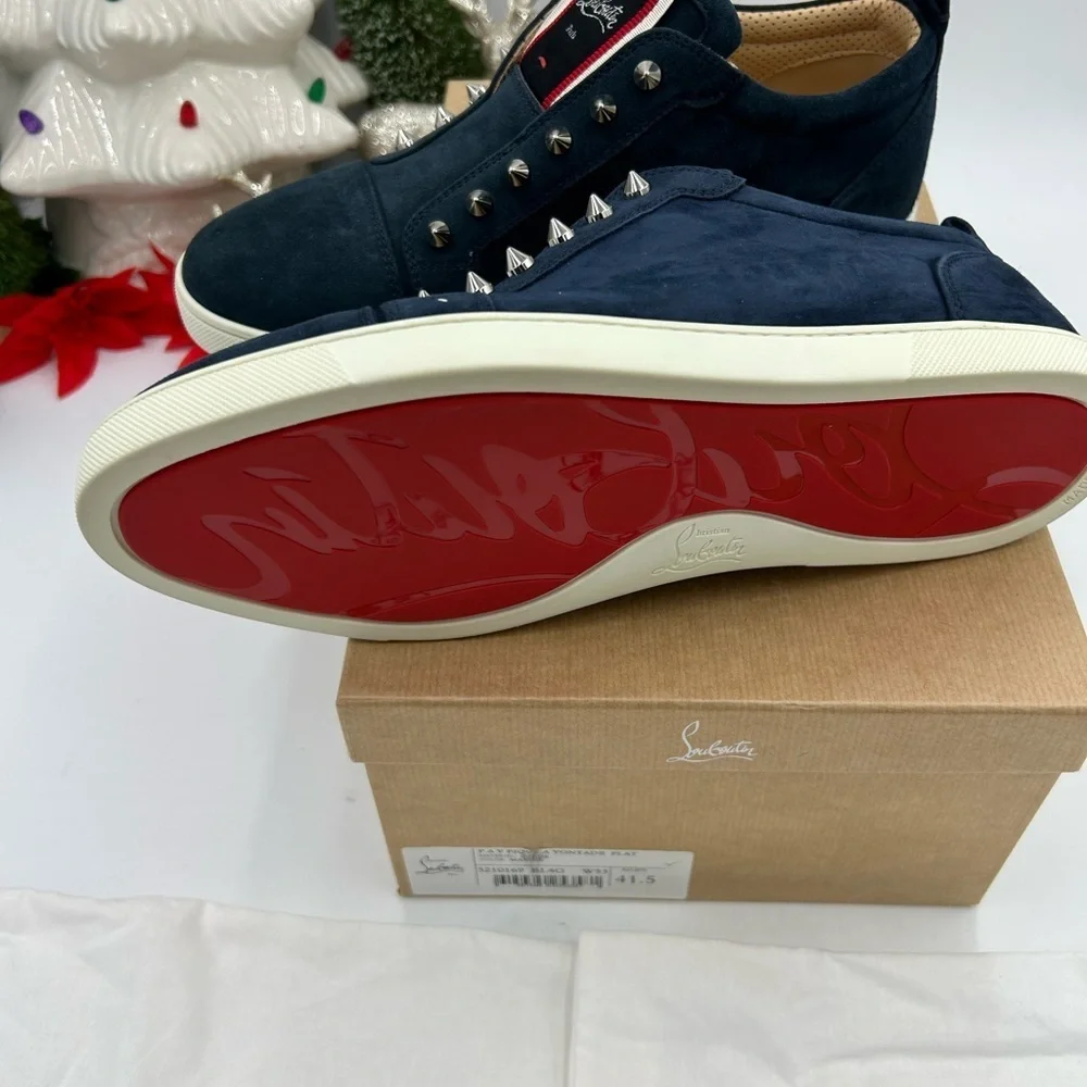 Christian Louboutin Navy Suede Spike-Embellished Sneakers with Red Accent